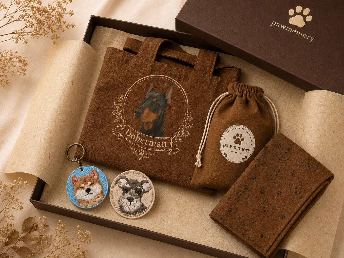 Open PawMemory personalized pet gift box with portrait and keepsakes