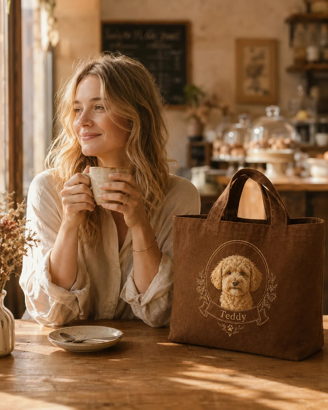 Woman carrying a personalized pet portrait tote at a cafe