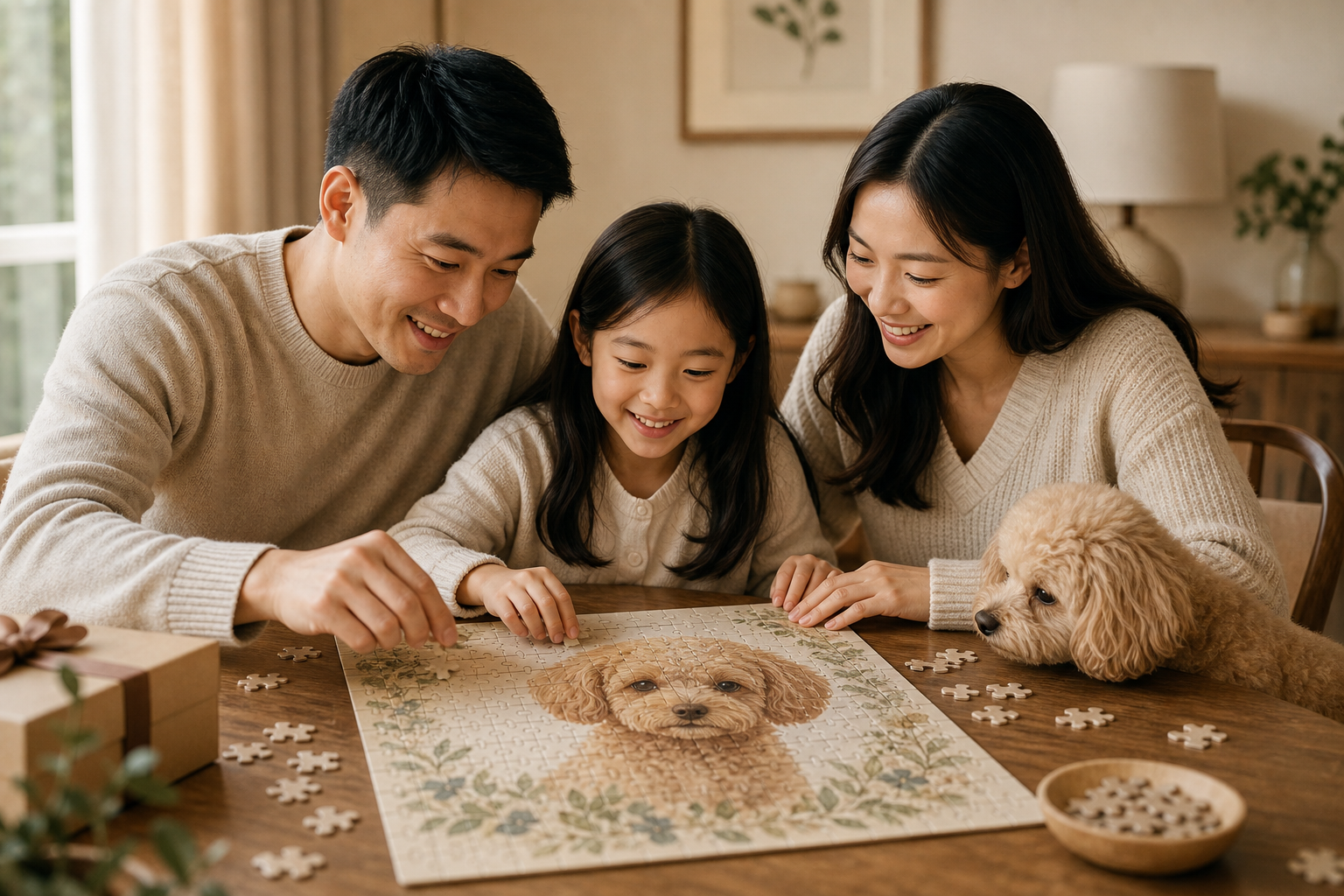 Family assembling a custom pet puzzle