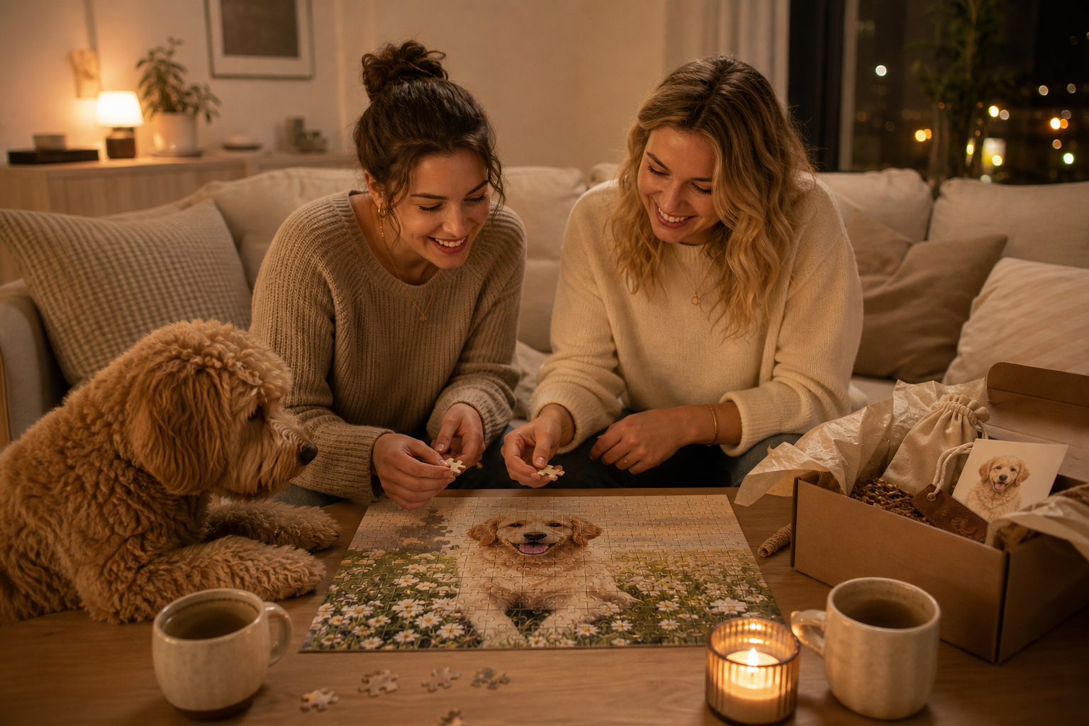 Friends assembling a custom pet puzzle